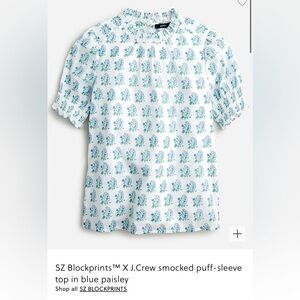 J Crew X SZ Blockprints puff-sleeve top in blue paisley.
